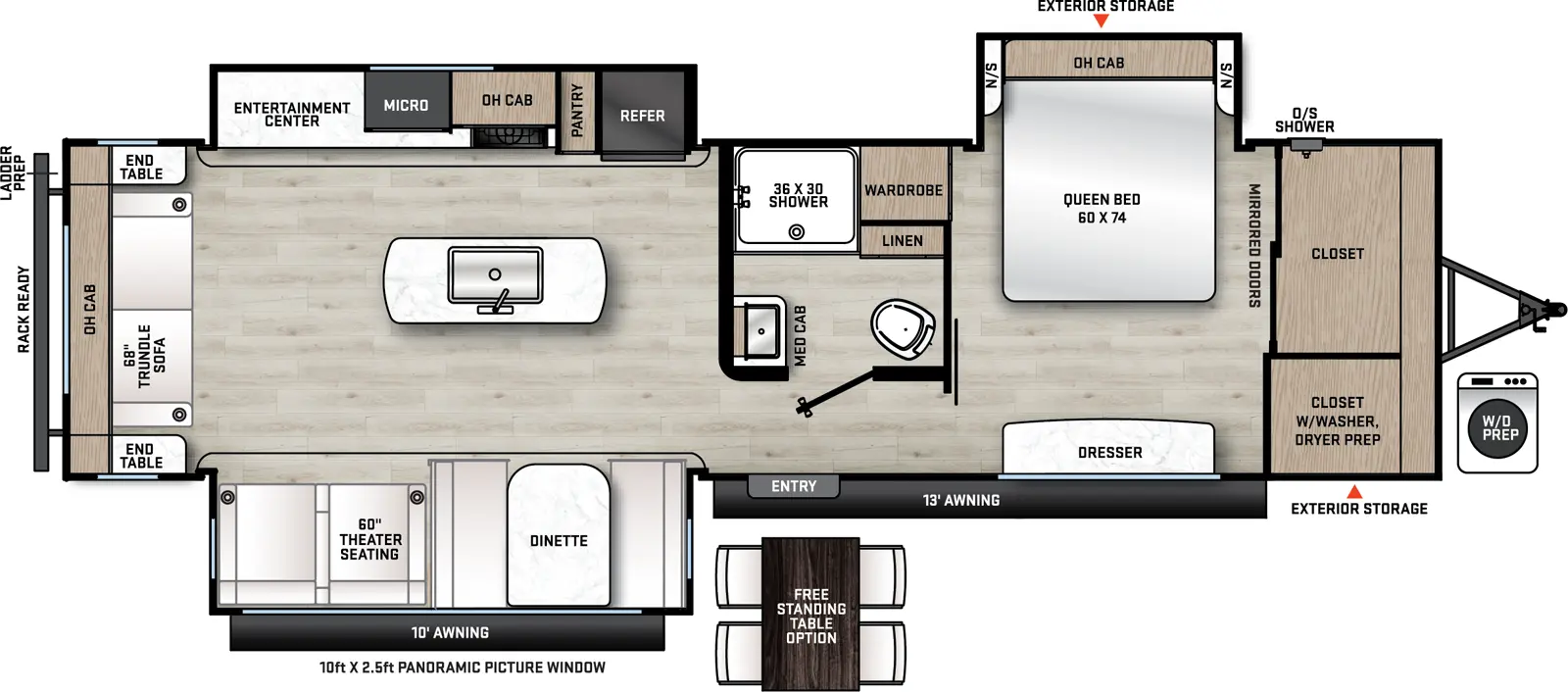 The Catalina Legacy Edition 313RLTS floorplan has one entry and three slide outs. Exterior features include: metal exterior and 10' & 13' awning. Interiors features include: kitchen island, free-standing dinette option, front bedroom and rear living.